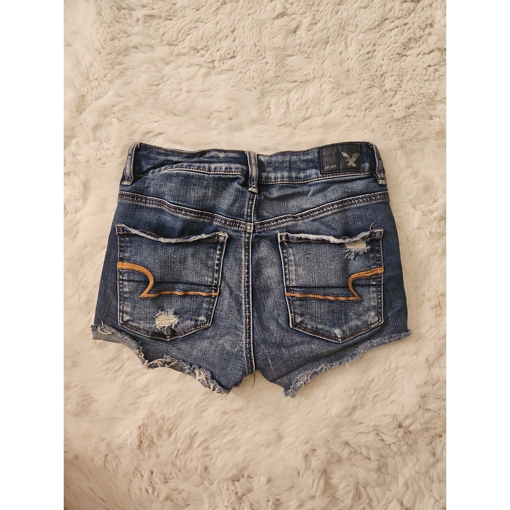 American Eagle Super Stretch Denim Shorts Womens Size 4 Hi-Rise Distressed Blue - Picture 1 of 12